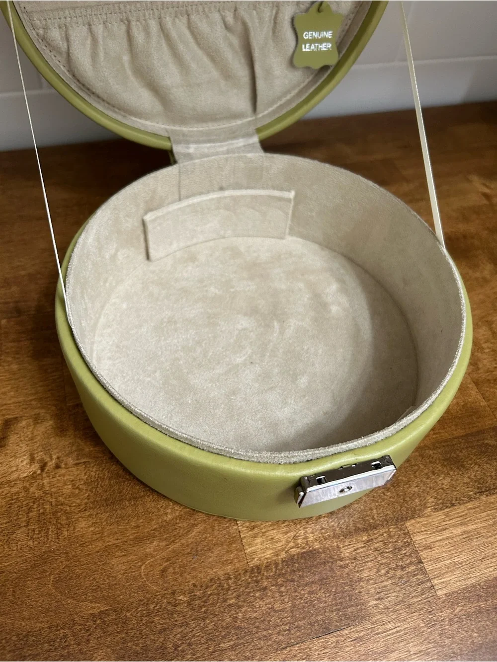 Leather Olive Green Round Jewelry Organizer Case with Mirror